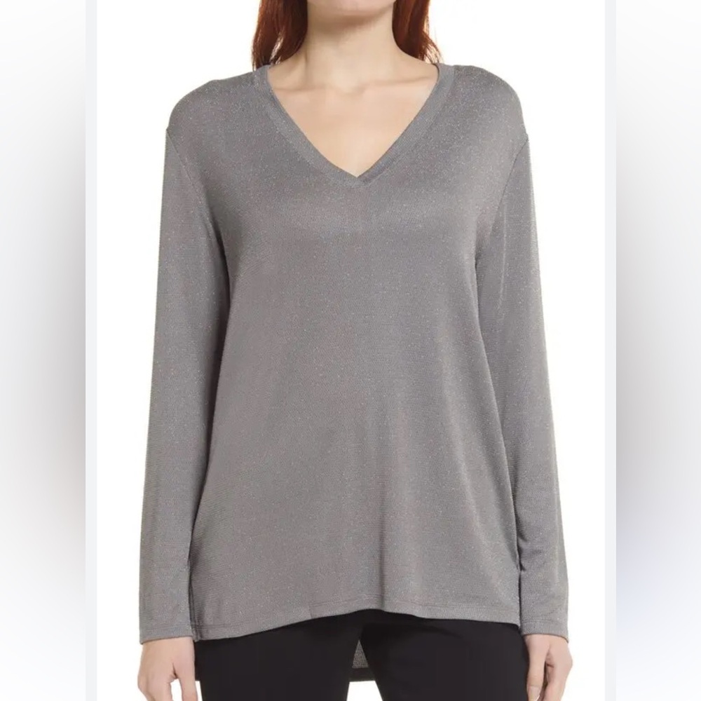 Halogen Glitter V Neck High Low Top Gray